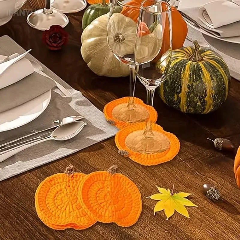 Halloween Crochet Pumpkin Coasters Autumn Thanksgiving Fabric Handmade Cup Mat Halloween Table Decor Fall Farmhouse Decoration