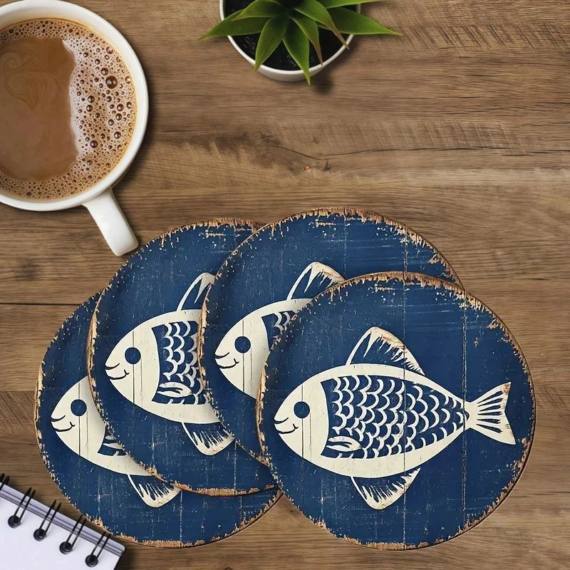 4pcs 2D Flat Sea Fish Shaped Wooden Coasters Retro Coffee Shop Furniture Decor Cup Mats Desktop Protection Pads Ideal Home Gifts