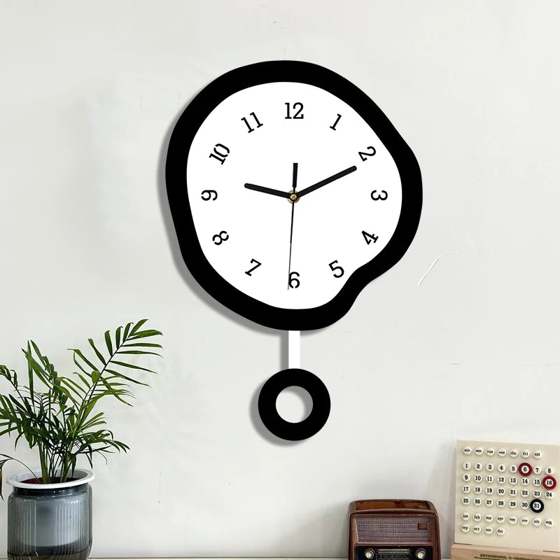 Twisted elliptical swinging wall clock, creative and fun with pendulum, silent clock suitable for living room, kitchen