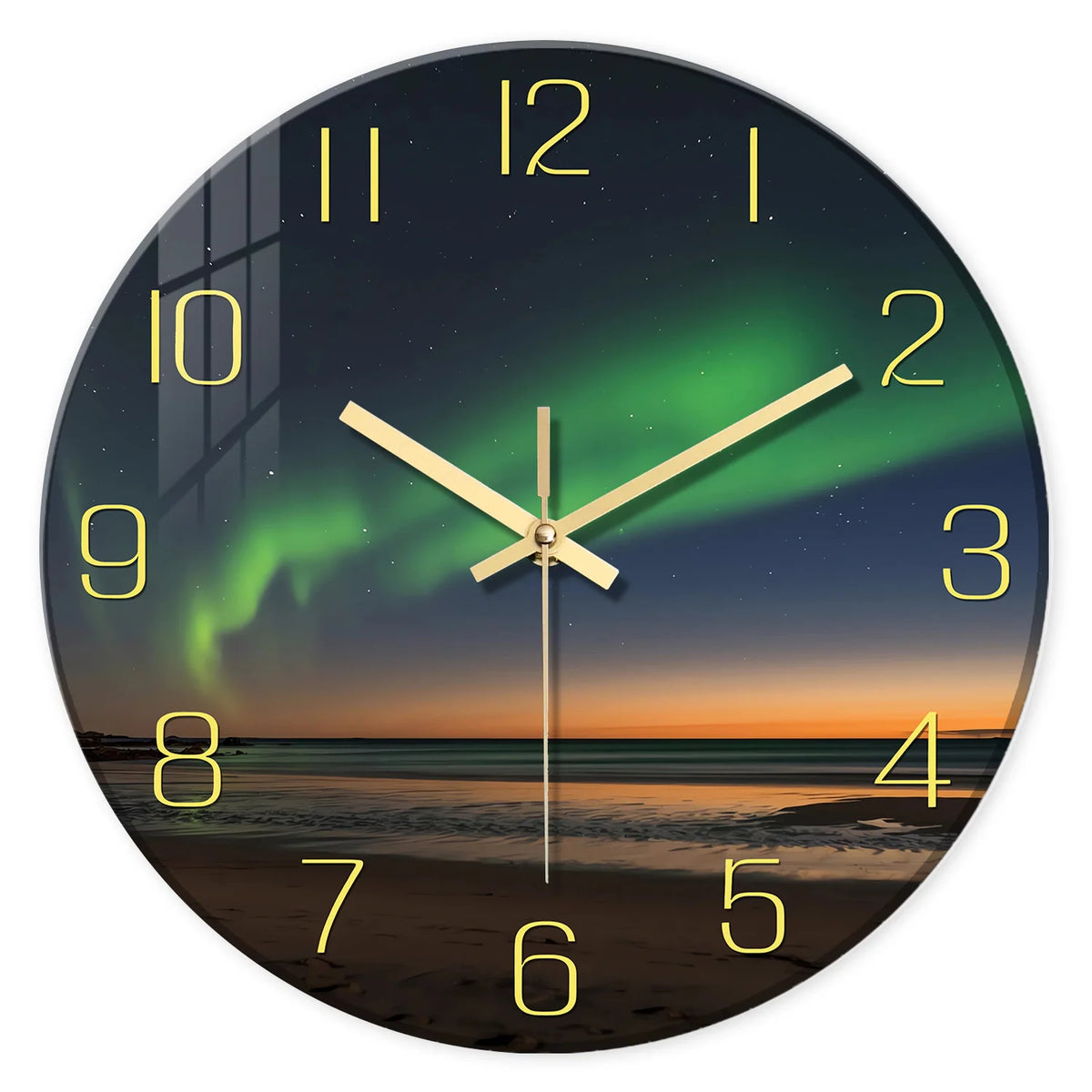 1pc Glass Wall Clock, Beach Aurora Design Wall Clock, Silent Clock, Home Decoration, Living Room Bedroom Room Decoration