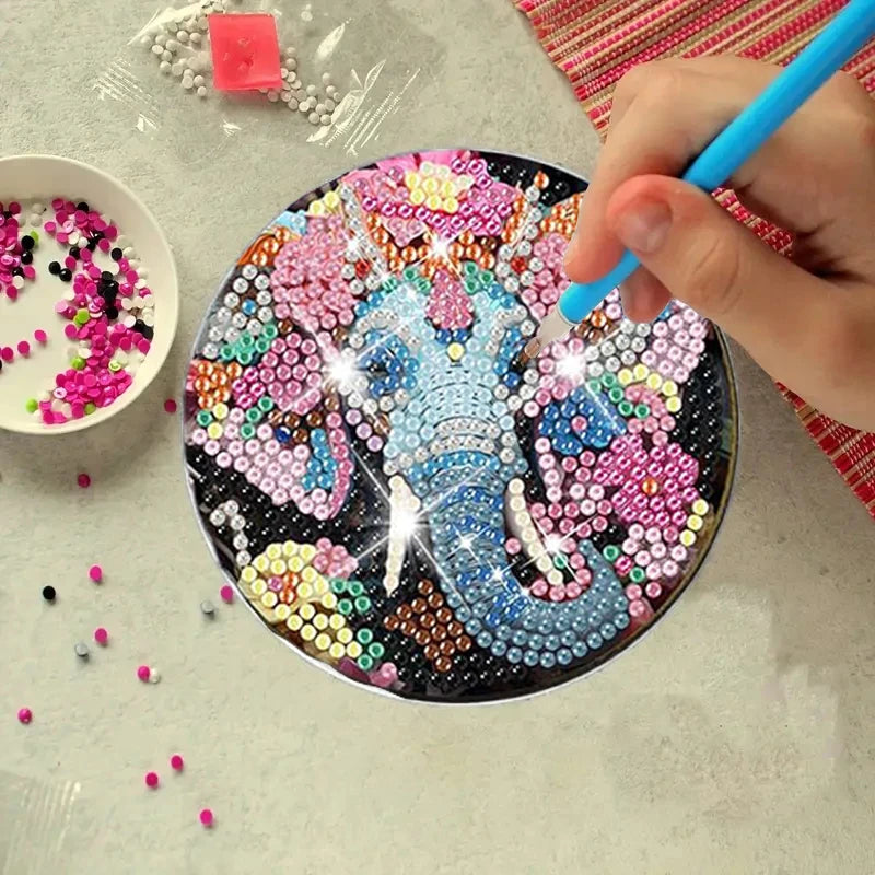 8 Pieces/Set of Diamond Painted Elephant Patterns, DIY Coasters with Brackets, Non Slip Beverage Coasters, Mosaic Production