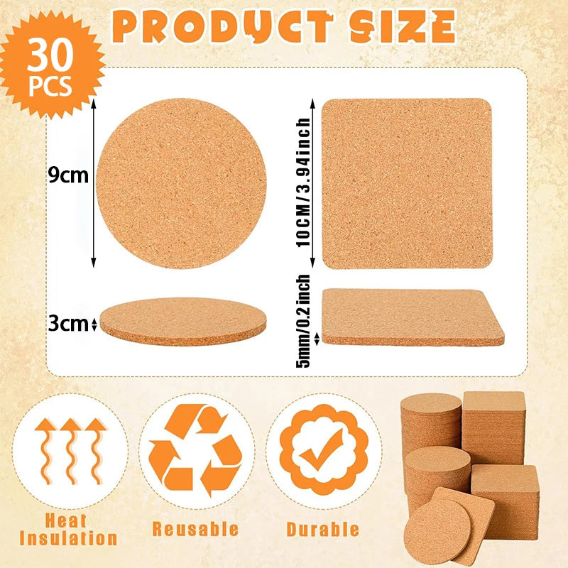 5/10/20/30PCS Round Wood Mats Natural Cork Coasters Durable Non Slip Tea Cup Drink Holder Coasters for Coffee DIY Home Supplies