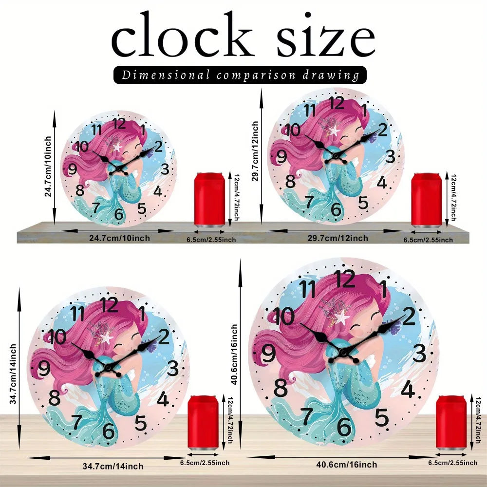A Cute Mermaid Wooden Wall Clock, Sea, Beach Theme Battery Powered Silent Quartz Clock, Living Room, Kitchen, Bedroom, Bathroom,