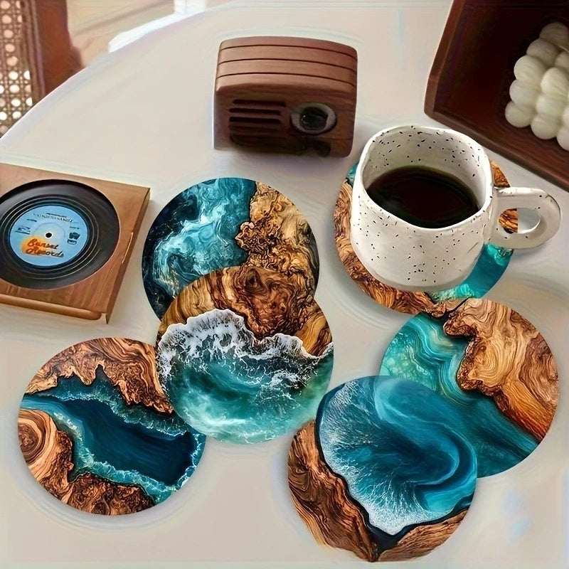 New thickened Turquoise ocean and tropical wood grain round coaster, heat-resistant and non-slip, for home and coffee shop