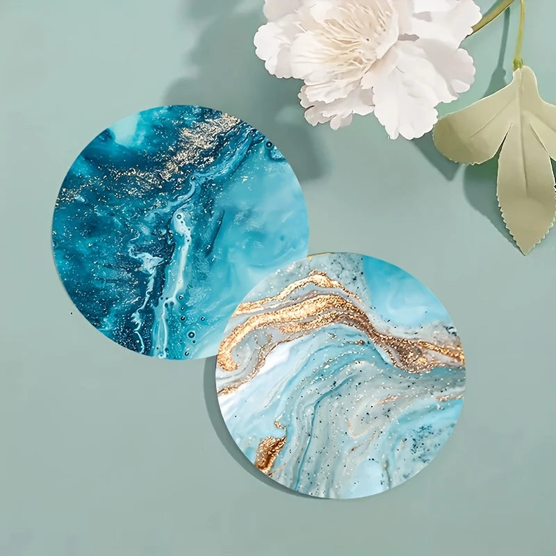 2D Flat 6pcs Blue Ocean Round Wooden Coasters & Placemats Set - Home, Cafe, Party Table Decor, Durable Drink Coasters For Home