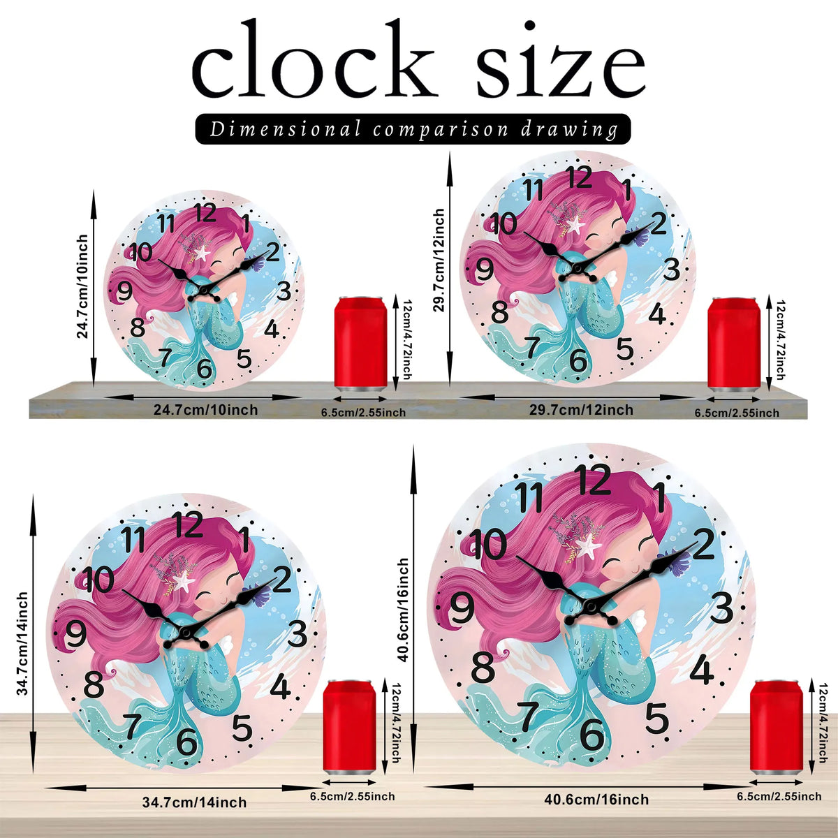 A cute mermaid wooden wall clock, sea, beach theme battery powered silent quartz clock, living room, kitchen, bedroom, bathroom