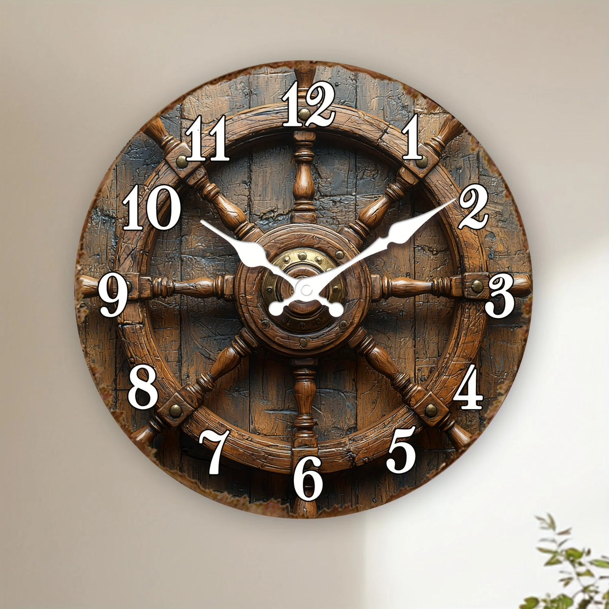 1pc Wooden Wall Clock Retro Style Nautical Wooden Ship Wheel Clock Round Silent Clock for Living Room, Dining Room, Kitchen, Bedroom, Office Thanksgiving, Christmas Decoration, Ideal Birthday Gift (AA Batteries Not Included)