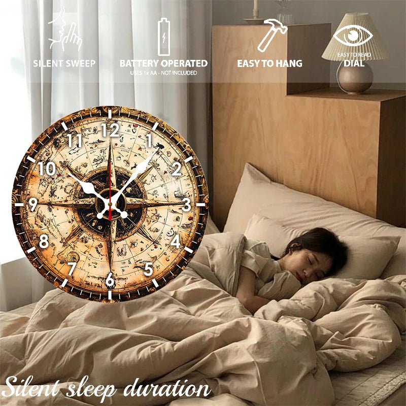 Ocean Themed Compass Wooden Round Silent Hanging Wall Clock,Suitable For Living Room,Office,Study Room, Bedroom, Home Decoration