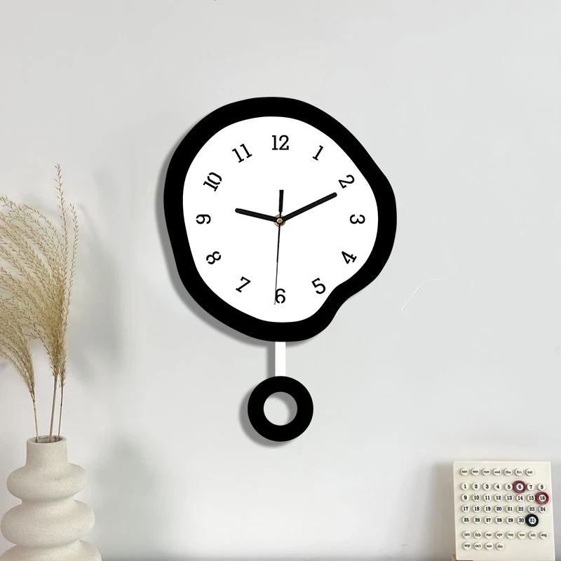 Twisted elliptical swinging wall clock, creative and fun with pendulum, silent clock suitable for living room, kitchen