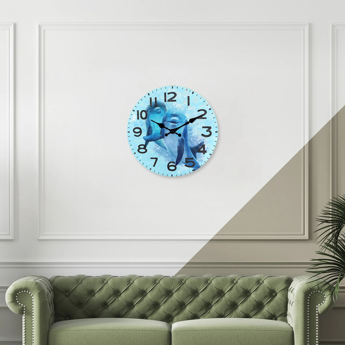 Personalized Blue Dolphin Pattern Wooden Wall Clock for Living Room, Bedroom, Kitchen, Home Decoration, Silent Quartz Clock, Holiday Gift, 10 Inches, 12 Inches 14inch 16inch (No Battery)