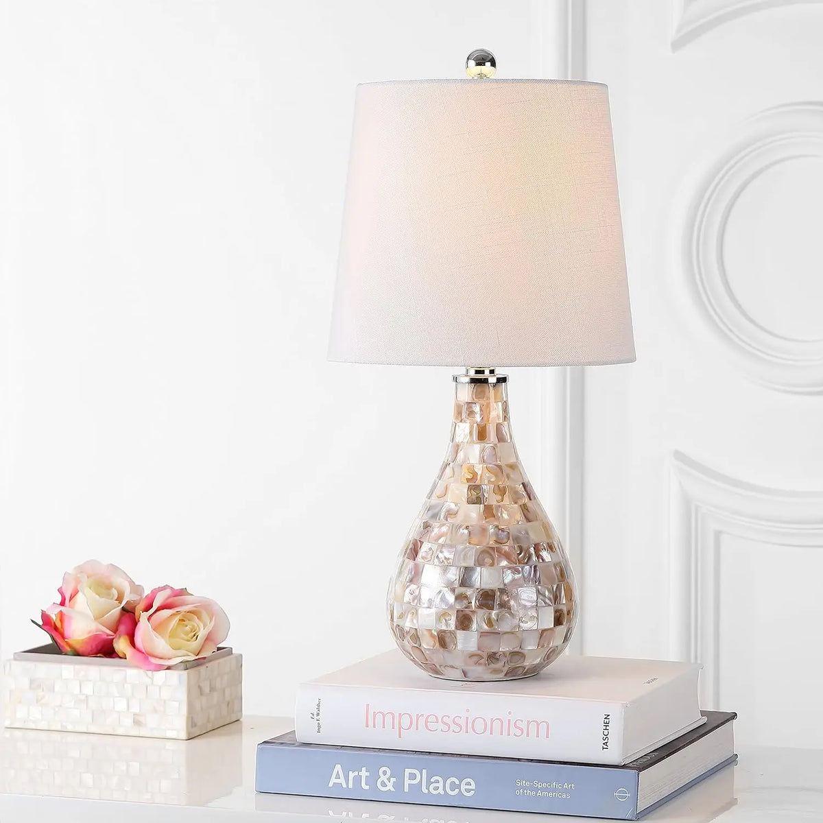 Seashell Coastal Mini LED Table Lamp with White Linen Drum Shade for Living Room Bedroom Nightstand, Modern Decor, LED Bulb