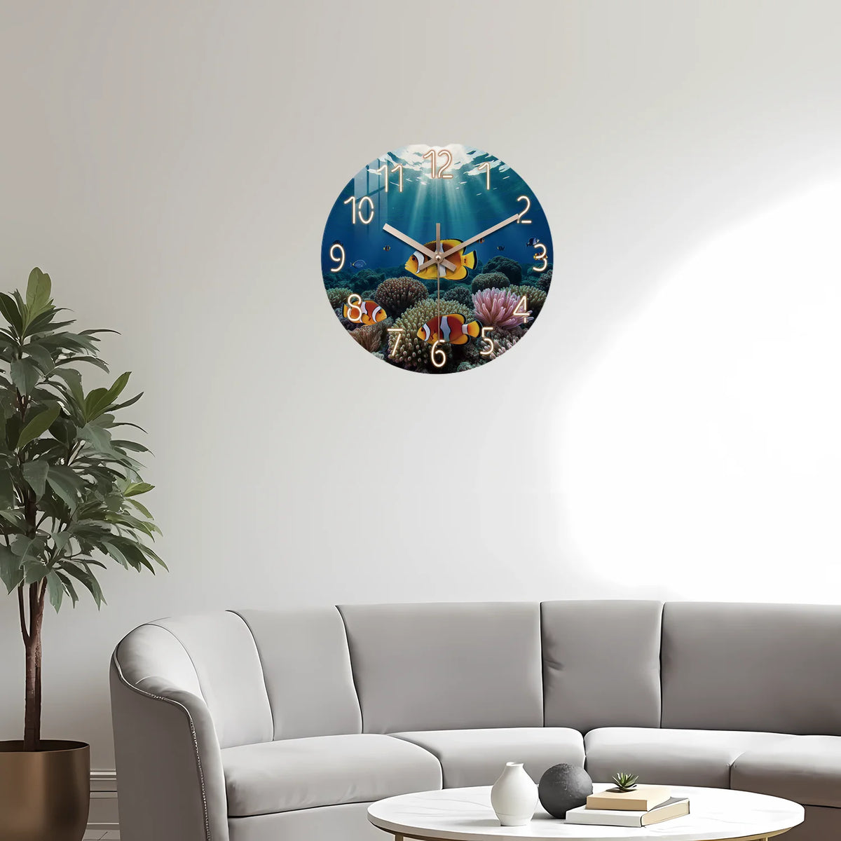 Ocean Eco Clownfish Coral Pattern Wooden Wall Clock, 10-24inch Silent Wall Clocks, Aa Battery Powered, Suitable for Living Room, Bedroom, Office, (Batteries Not Included), Mother's Day, Easter, April Fool's Day