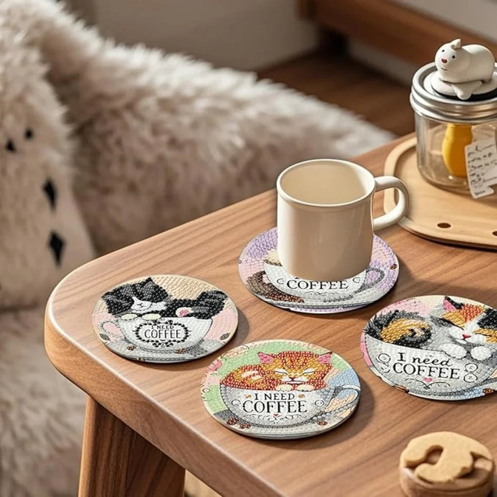 8 Pieces of Diamond Art Painting Coasters with Brackets, DIY Cat Patterned Diamond Art Coasters, Suitable for Both Adults and Be