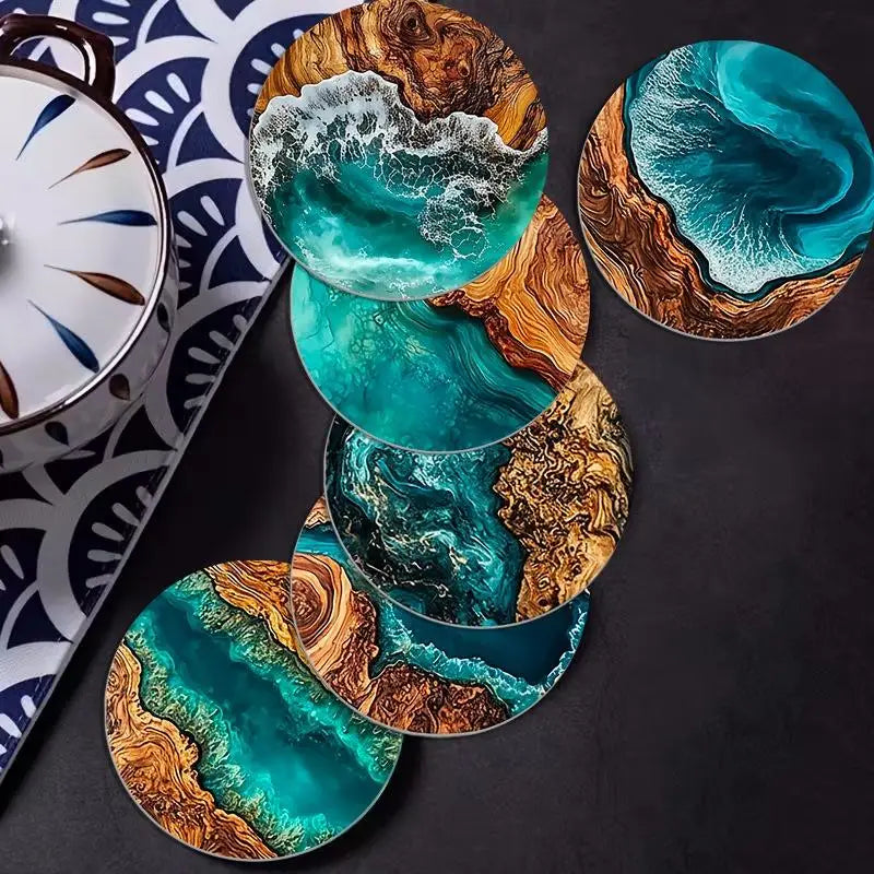 M-6Pcs Ocean Wave & Wood Grain Coasters Set Heat-Resistant Drink Coasters For Coffee/Tea Mugs, Beach Theme Home Decor