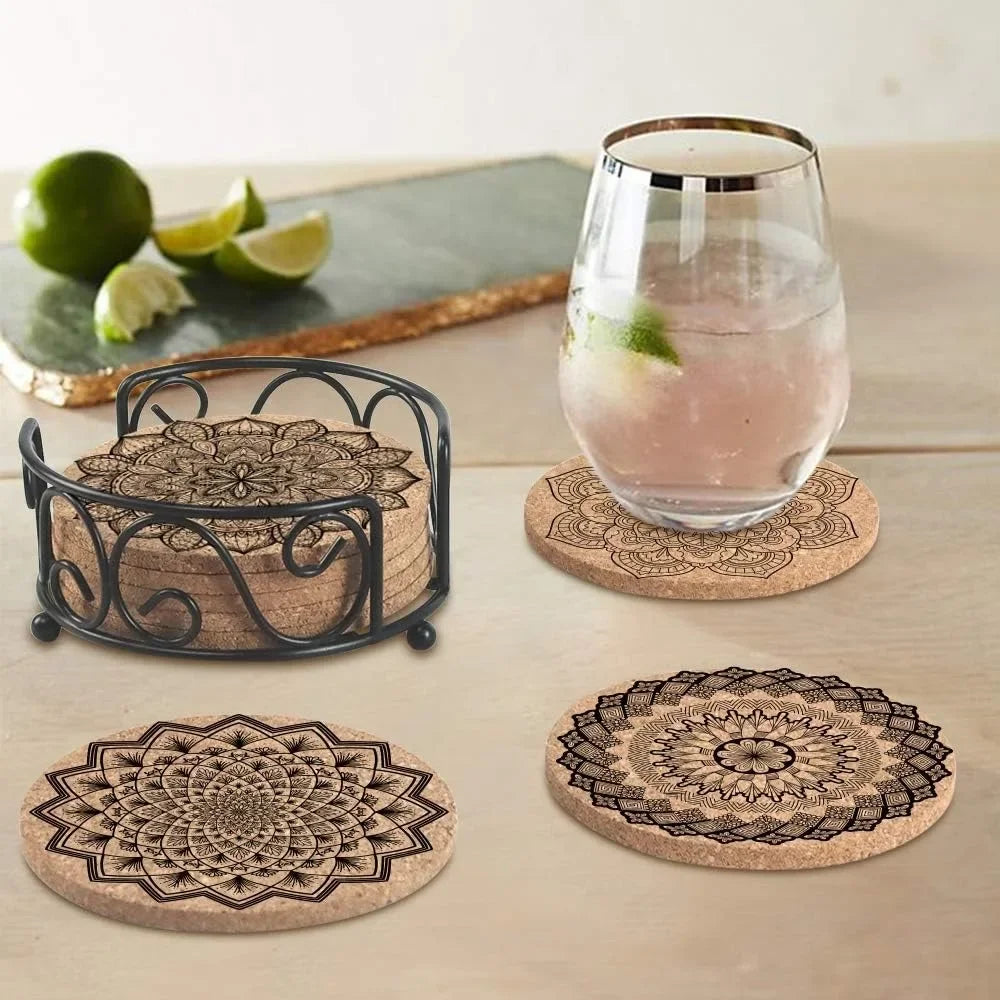 Absorbent Cork Coasters Set with Holder for Drinks Housewarming Gift New Home Present Living Room Decor