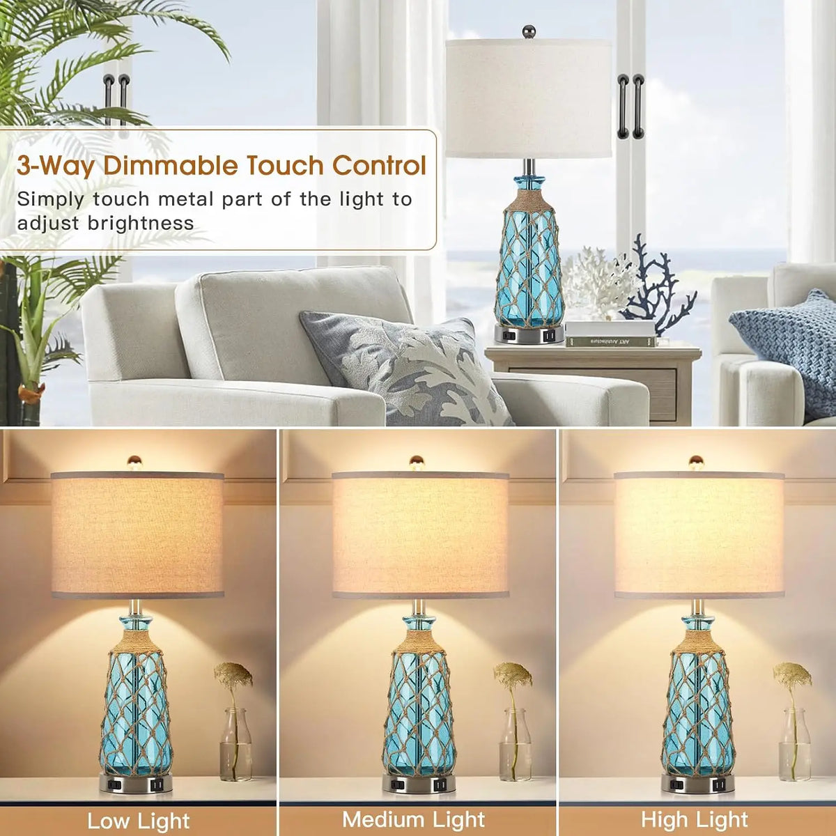 25.5 Coastal Glass Table Lamps Set of 2 3 Way Dimmable Touch Control Bedside Lamps 2 Usb Ports Ac Outlet Blue Nautical Nightstan