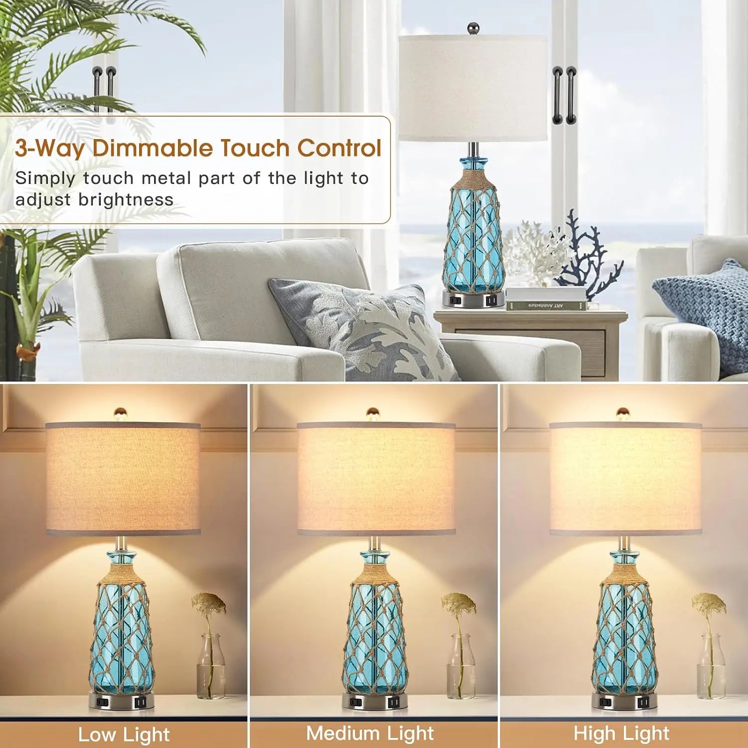 25.5 Coastal Glass Table Lamps Set of 2 3 Way Dimmable Touch Control Bedside Lamps 2 Usb Ports Ac Outlet Blue Nautical Nightstan