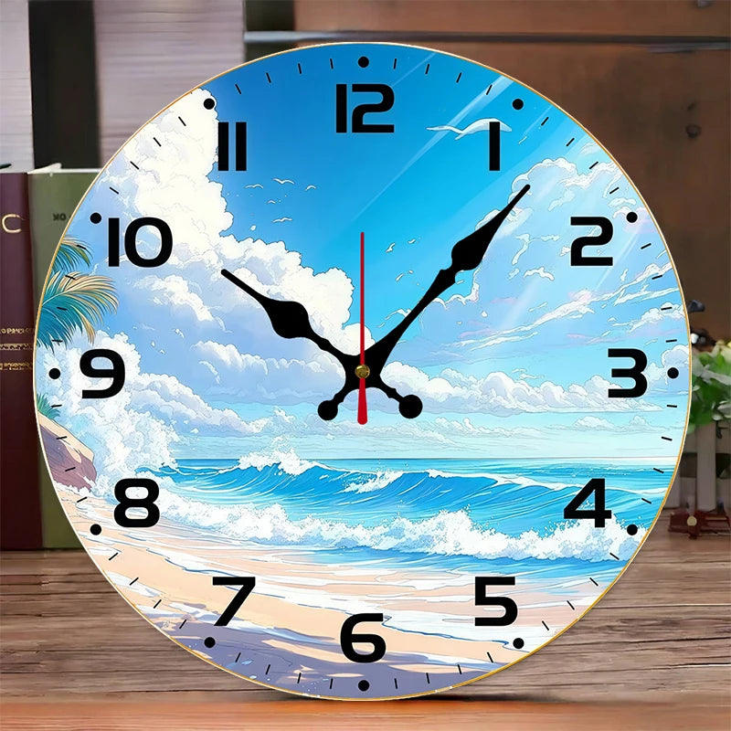 Multi Style Beach Wooden Round Silent Hanging Wall Clock,Suitable For Living Room,Office,Study Room,Bedroom,Home Decoration