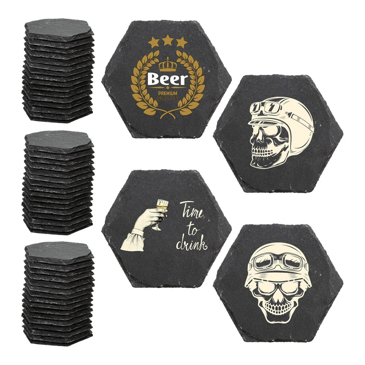 8pcs Slate Coasters Bulk - 4 Inch Square, Round, and Hexagon Handmade Black Stone Blanks for Laser Engraving and Home Decor