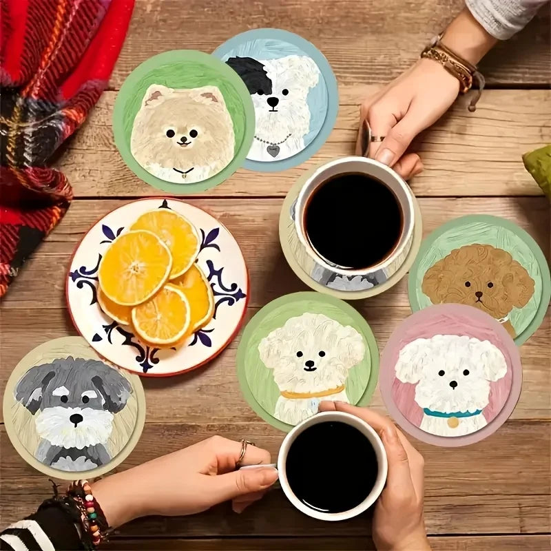 A Set of 6 Adorable Round Wooden Coasters Featuring Cute Puppy Designs, Perfect for Coffee Cups,Water Cups,And Party Decorations