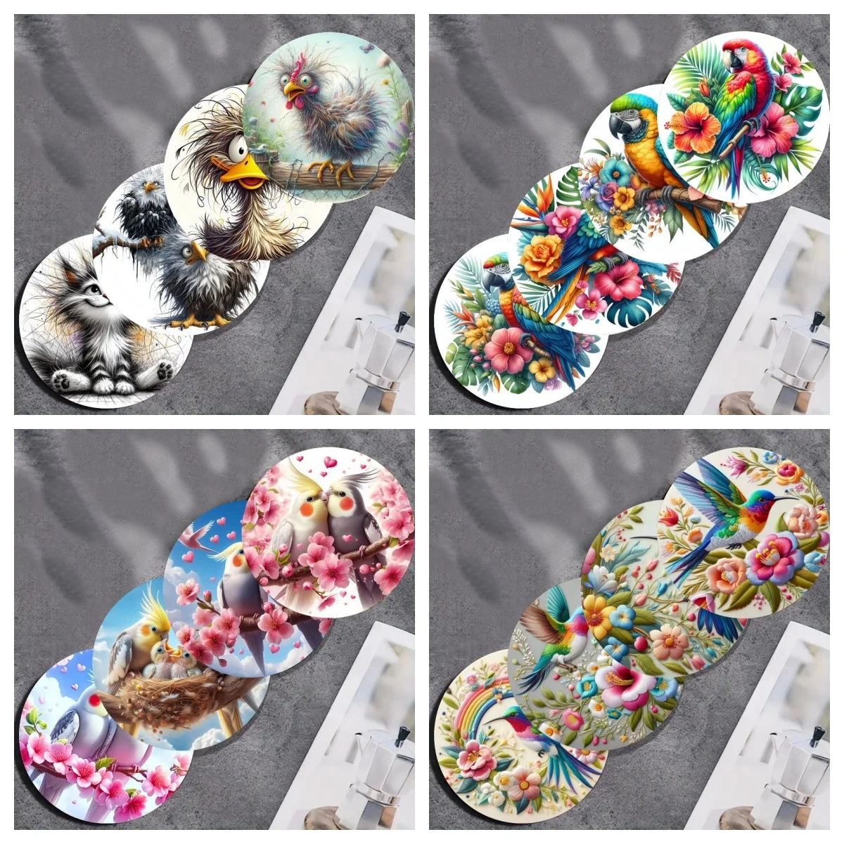 4 Sets of Colorful Bird Pattern Art Coasters, Wooden Anti-Slip Coasters, Suitable for Living Rooms, Offices, Bars, Etc