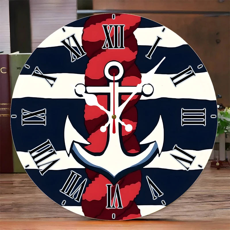 Dolphin Anchor Wooden Round Silent Hanging Wall Clock, Suitable For Living Room, Office, Study Room, Bedroom, Home Decoration