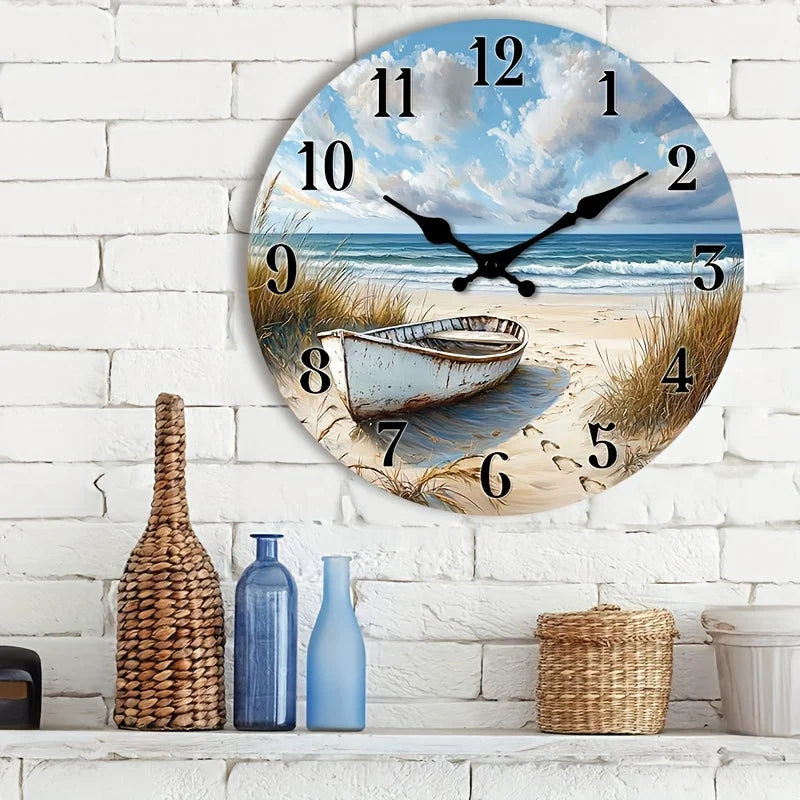 1pc Silent Non-Ticking Wall Clock - Wooden Round Nautical Beach Scene with Boat Design, Face for Readability, Suitable for Kitchen,,, Bedroom - 25.4cm/30.48cm/35.56cm/40.64cm (No Battery)