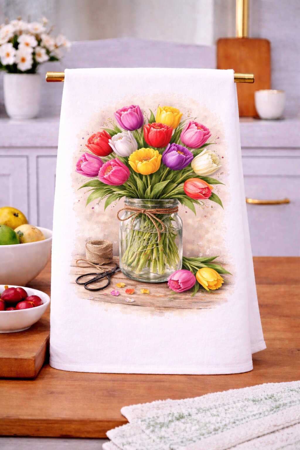 Tulips Mason Jar Watercolor Kitchen Towel