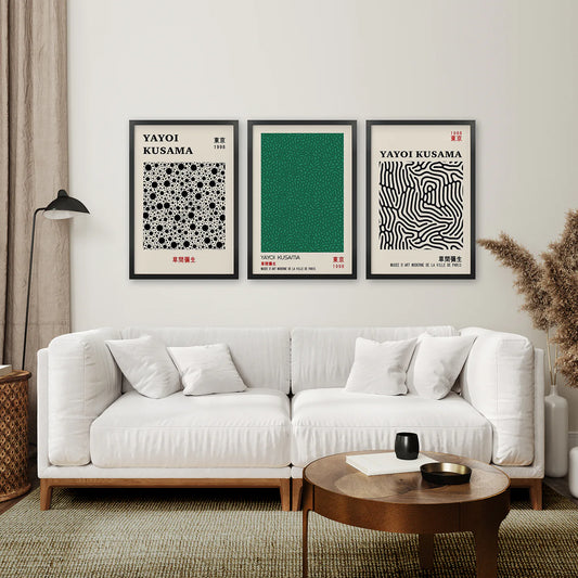 3 Piece Sage Green Abstract Japanese Wall Art Set. Yayoi Kusama