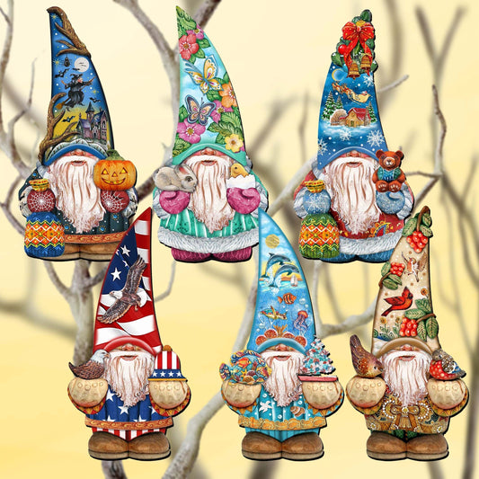 Holiday Gnomes Clip-On Eco Wood Decorative Ornaments Set of 6 by G. Debrekht  - Christmas Decor - 8090138C-S6