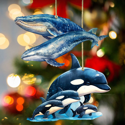Alaskan Whale and Orca Eco Wood Ornaments Set of 2 by G. Debrekht - Wildlife Holiday Decor - 8091323S2