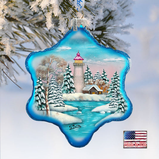 Lighthouse Snowflake Glass Ornament by G. DeBrekht - Coastal Holiday Decor - 754-007