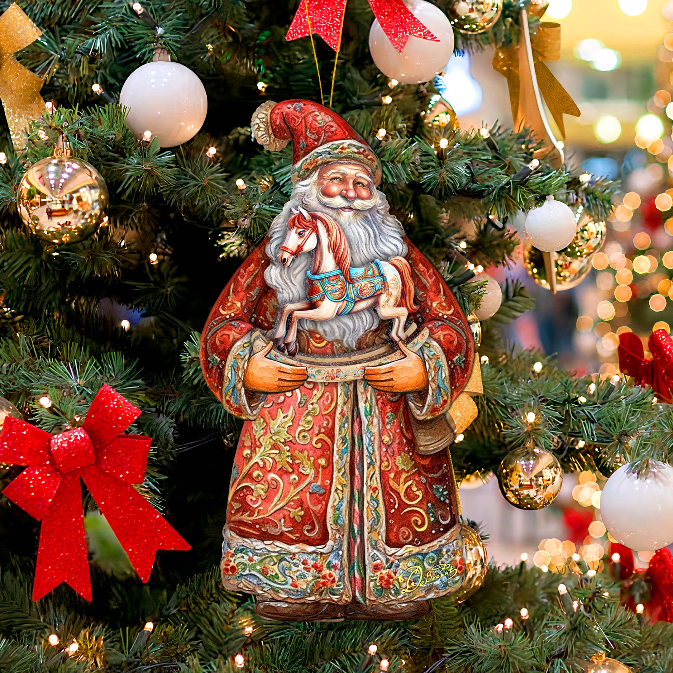 Santa's Nostalgic Rocking Horse Wooden Ornaments by G. Debrekht - Christmas Santa Snowman Decor - 8691414