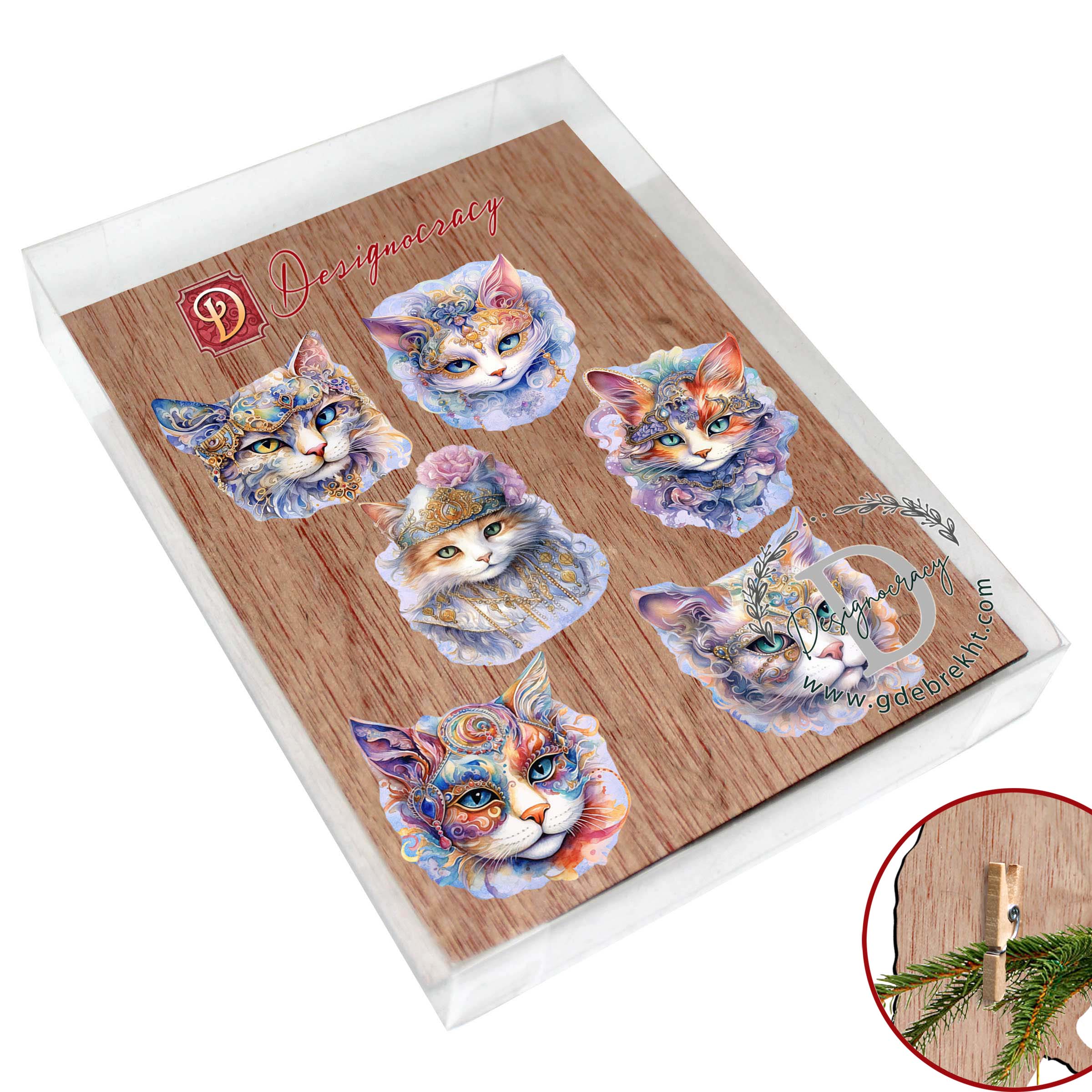 Cats Masks Clip-On Eco Wood Decorative Ornaments Set of 6 by G. Debrekht - Christmas Decor - 8090033C-S6