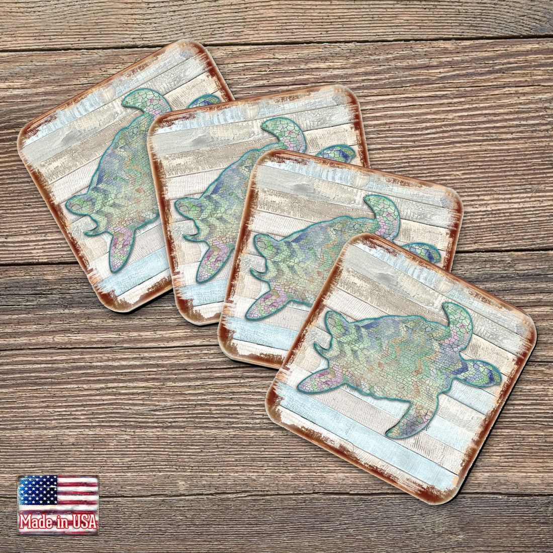 Sea Turtle Coastal Wooden Cork Coasters Gift Set of 4 by Nature Wonders - Coastal Sea-Life Decor - 8198518-9C-S4