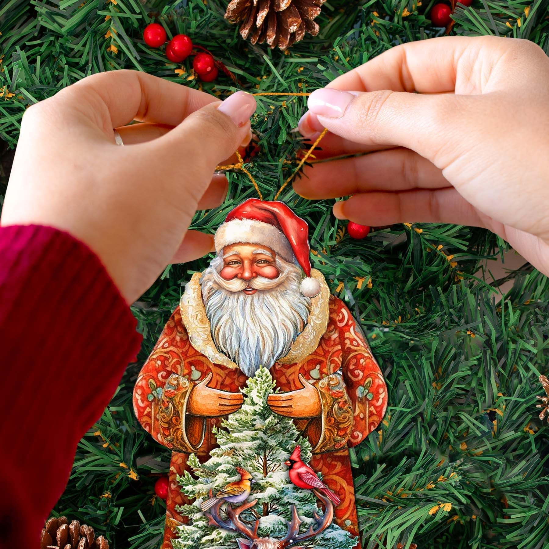 Santa with Forest Friends Wooden Ornaments by G. Debrekht - Christmas Santa Snowman Decor - 8691409