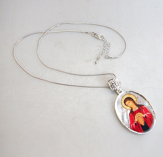 Blessed Virgin Mary Patron Silver Plated Mother of Pearl Jewelry Necklace - 43017