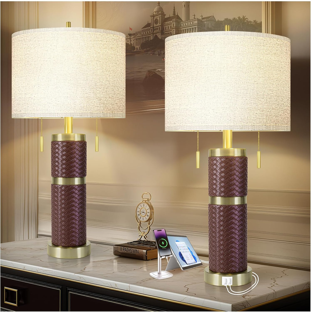 KIVDITZO Set of 2 25-Inch Woven Leather Table Lamps for Nightstands
