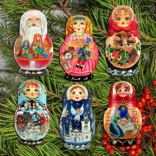Nested Dolls Clip-On Eco Wood Decorative Ornaments Set of 6 by G. Debrekht - Christmas Decor - 8090130C-S6