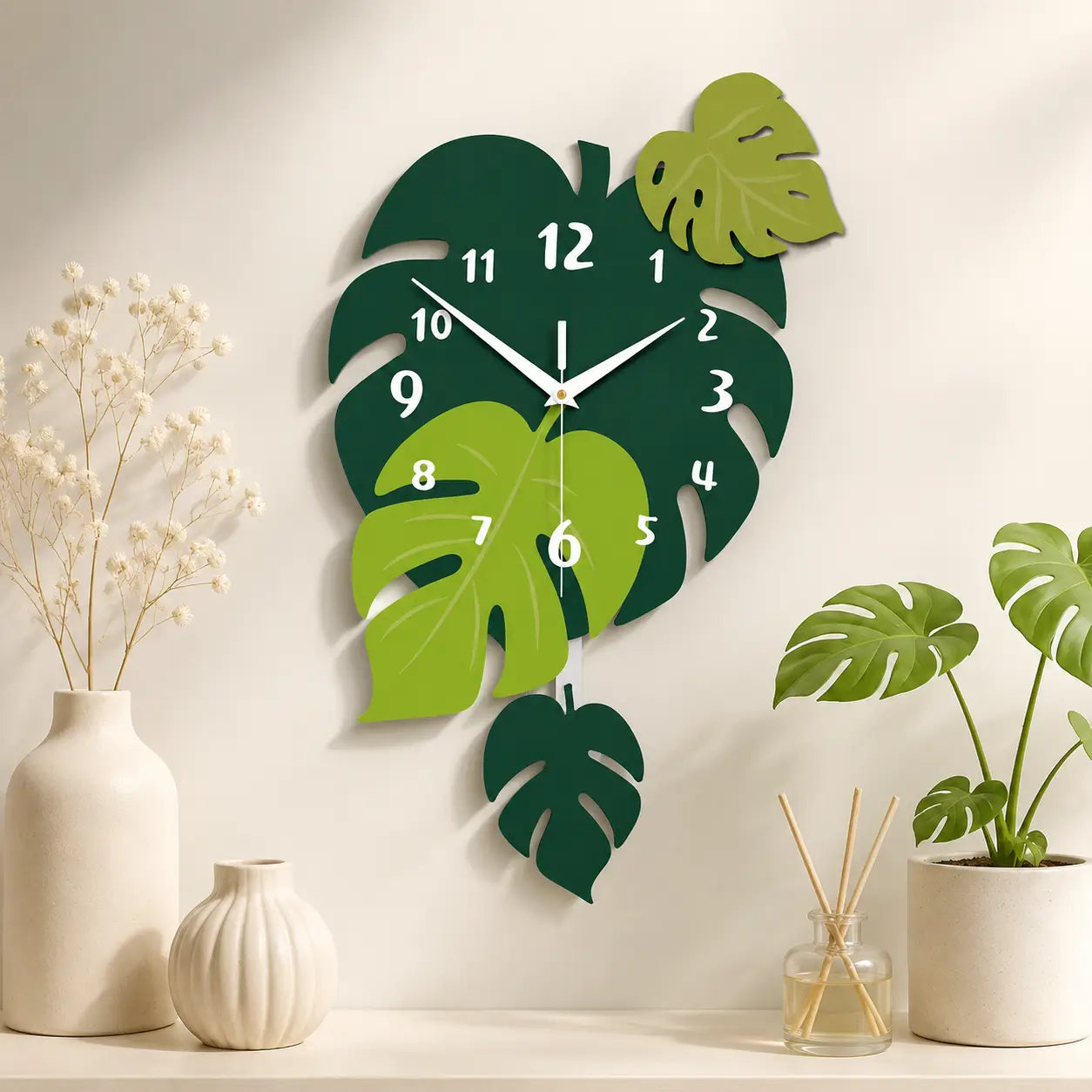 Acrylic Leaf Wall Clock Tropical Decorative Home Decor