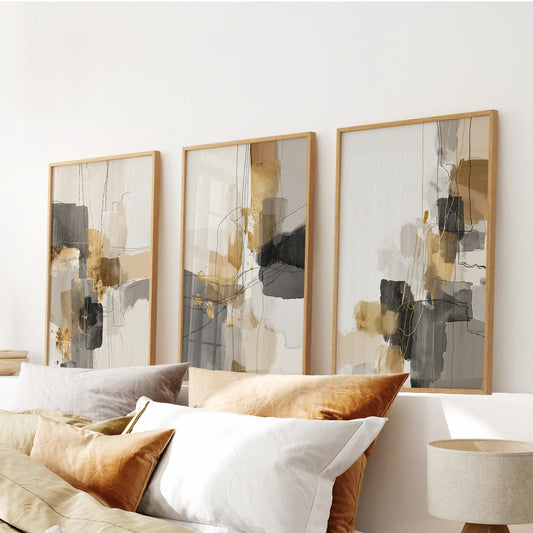 Neutral Abstract Wall Art Set of 3. Beige, Gray, Gold Prints