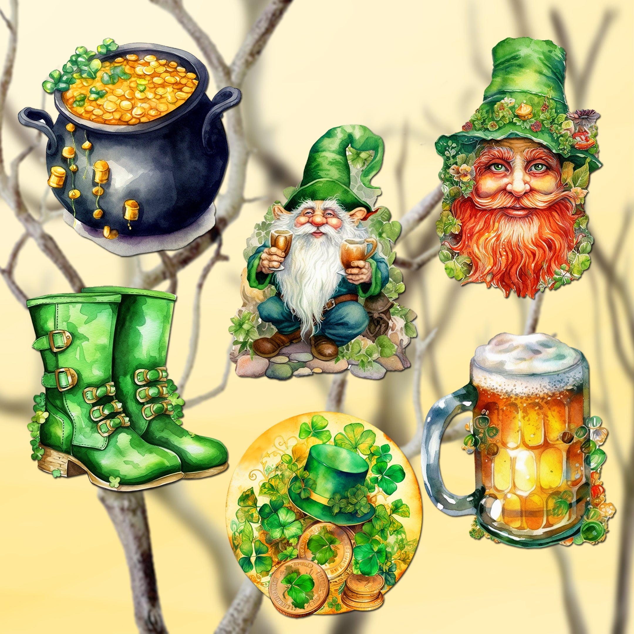St. Patrick Day Clip-On Eco Wood Decorative Ornaments Set of 6 by G. Debrekht - St. Patrick Day Decor - 8090058C-S6