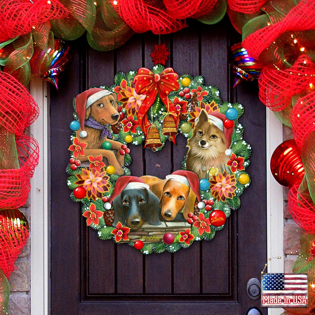 Christmas Friends Puppy Door Wreath by G. DeBrekht and L. Seeley - Pets Dog and Cats Decor - 8185307-6H-SL