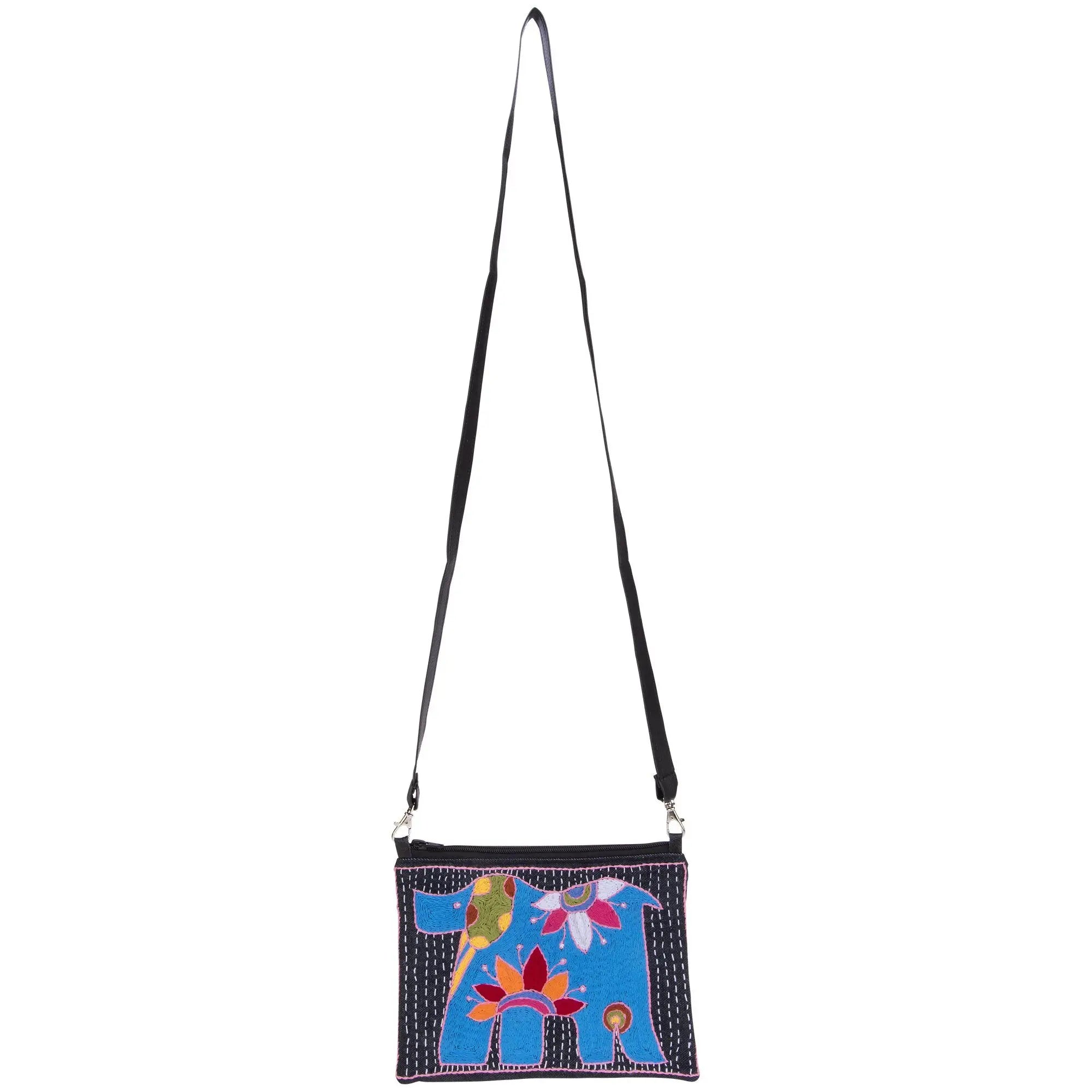 Amarasti embroidered sling bag in vibrant blue with colorful floral and bird appliqués on dark fabric base