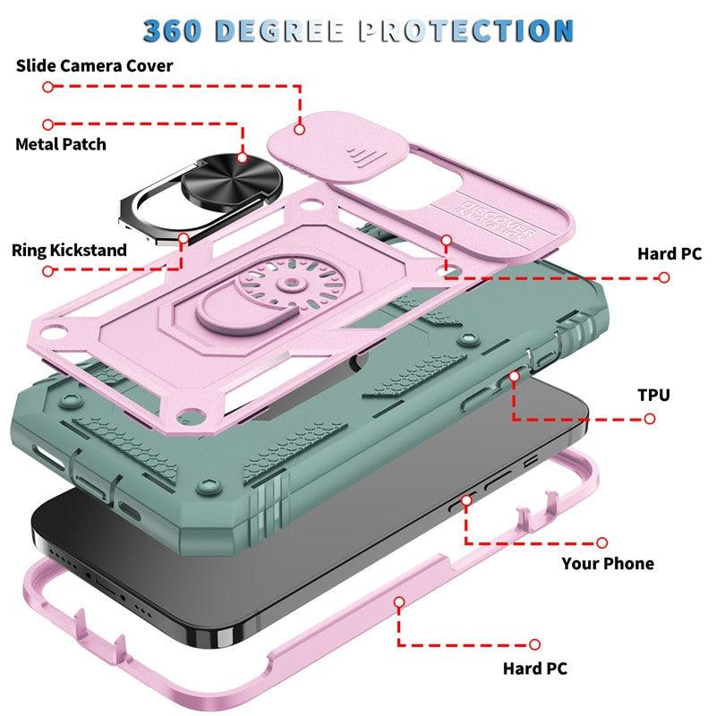 Armor Shockproof Phone Case For iPhone 13 12 11 Pro Max X XR XS Max 11 13 Pro Magnetic Ring Stand Holder Back Cover Slide Camera Cover & Kickstand Built-in 360° Rotate Ring Stand Magnetic Cover Case
