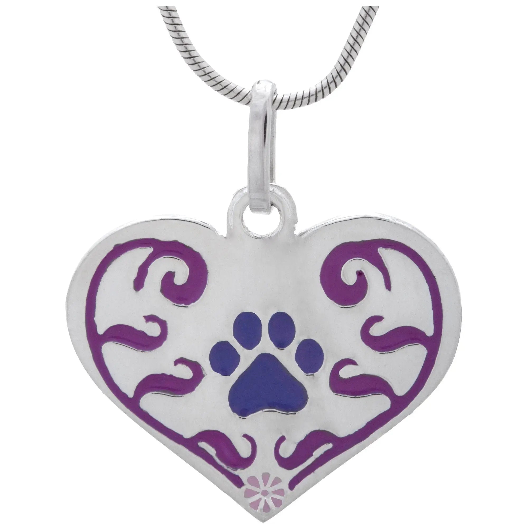 Silver heart-shaped sterling necklace with purple enamel swirls and blue paw print on a silver snake chain