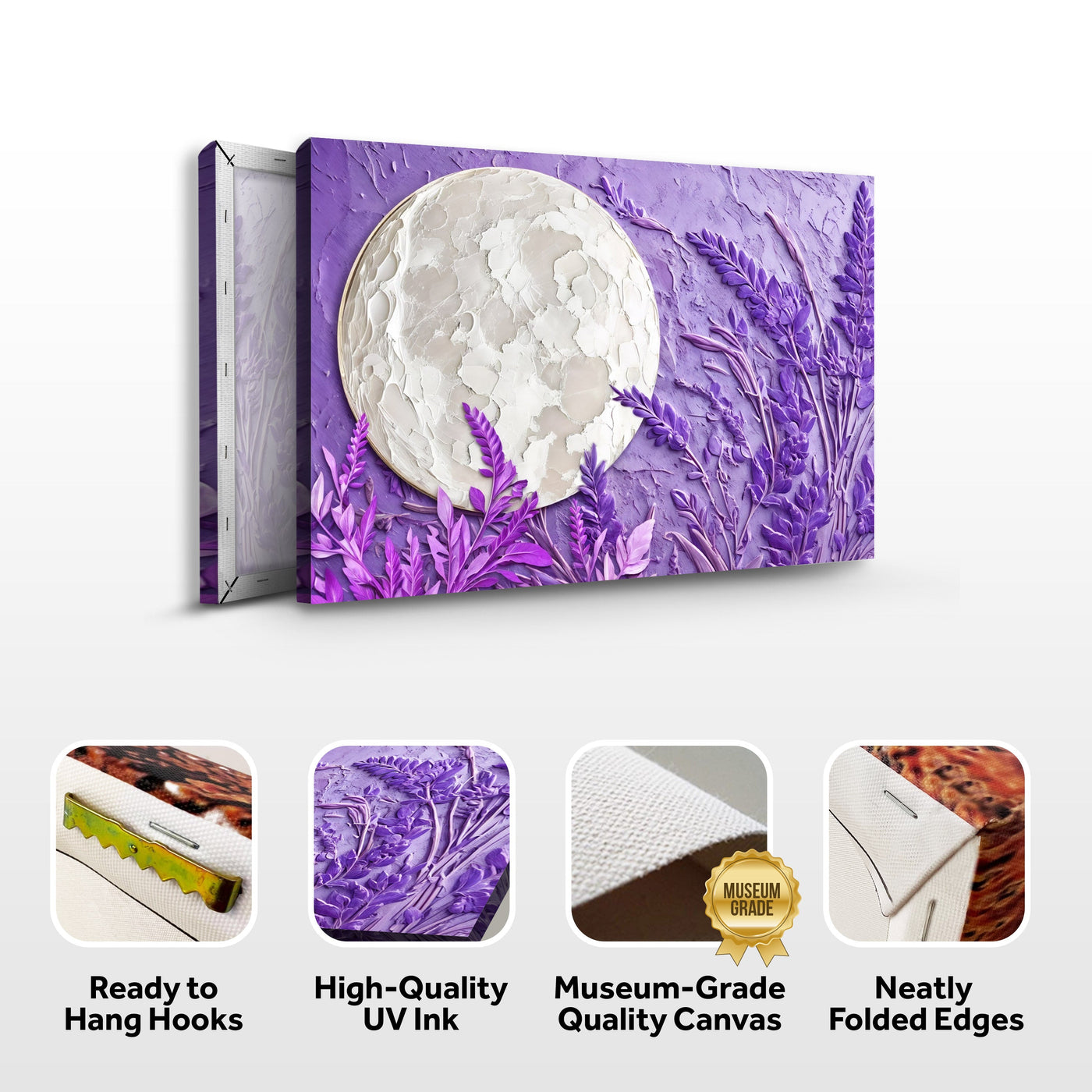 3D lavender moon wall art canvas by Tailored Canvases featuring a serene moon and lavender design for bedroom or living room decor.
