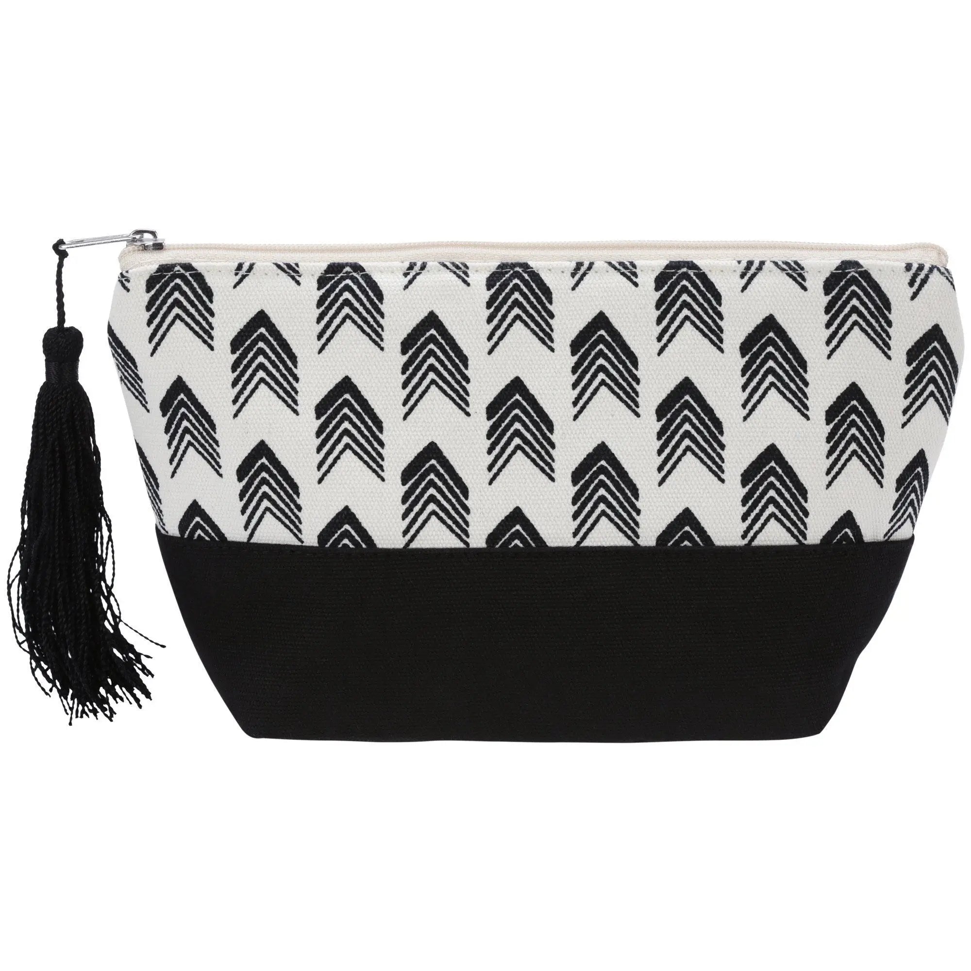 Black and white patterned fabric artful arrow pouch with a black tassel zipper pull for stylish storage