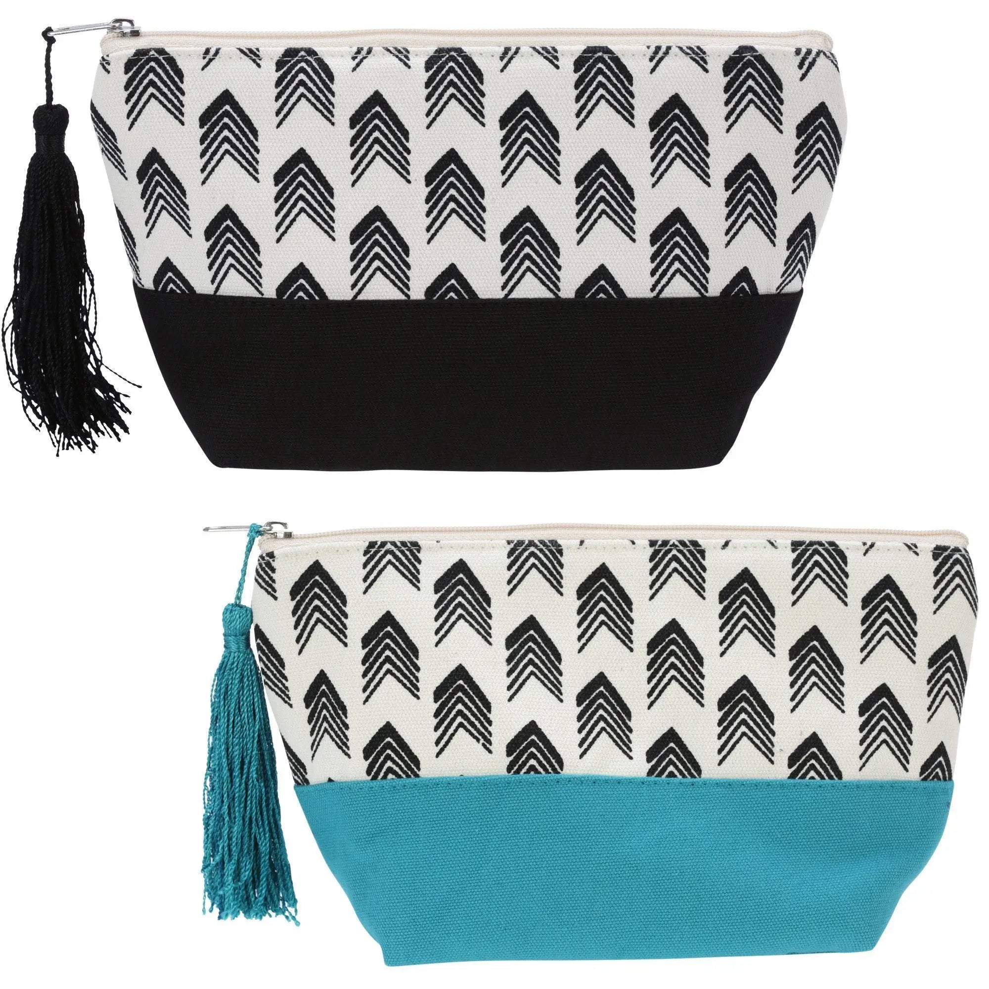 Artful arrow pouch black and white patterned canvas zipper pouch with solid color bottom panel and tassel pull