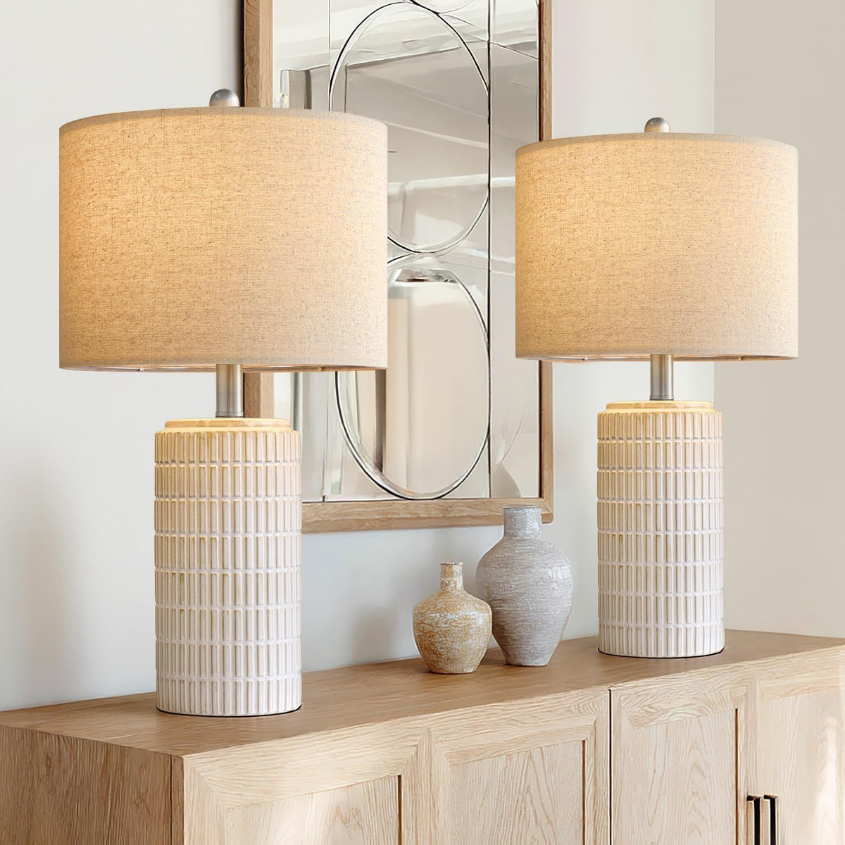 Pokat Set of 2 Modern 24" Ceramic Table Lamps for Bedroom and Living Room, White and Beige Nightstand Lighting Decor